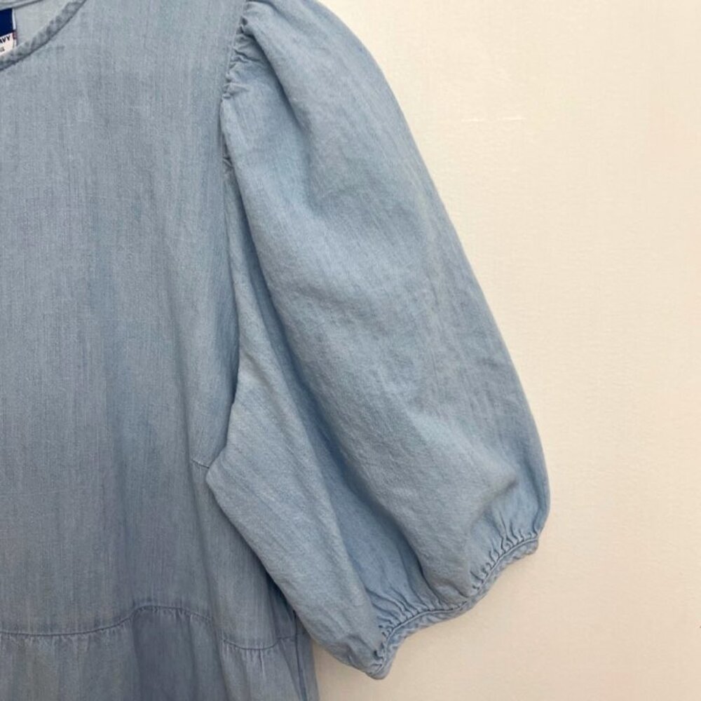 Old Navy Blue Denim Chambray Dress Women's Sz L Puff Sleeve Tiered Cotton - Picture 3 of 6